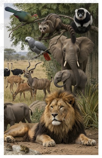 Display board Ethiopian fauna, lion, elephant, ostrich, antelope, kudu, parrot, Africa, wildlife,