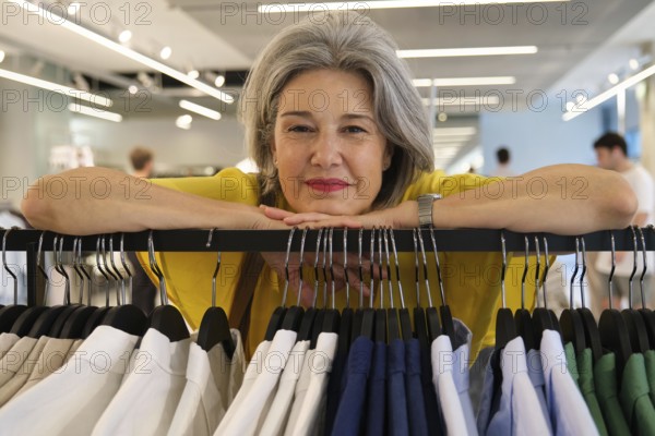 A mature woman with gray hair and a bright yellow shirt smiles warmly while leaning on a clothing