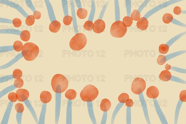 An abstract illustration featuring playful orange circles and blue fluid lines on a beige