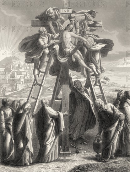 The body of Jesus is taken down from the cross by Joseph of Arimathea, New Testament, steel