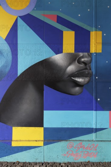 Realistic face with VR glasses made of geometric shapes, 3D portrait, mural by street artist SKIO,