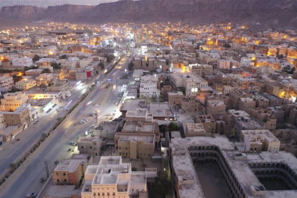 In Seiyun, Yemen on January 09, 2026, aerial drone footage shows the city of Seiyun in southern
