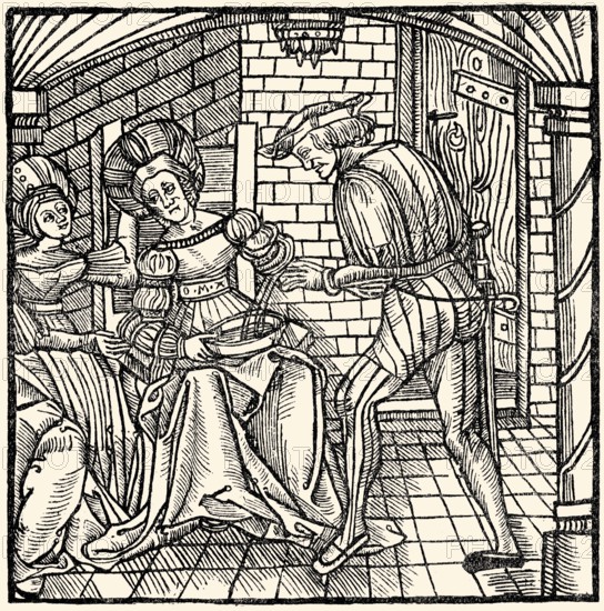 Medicine treatment, bloodletting procedure, woodcut, 1519, Medizinische Behandlung, Aderlass