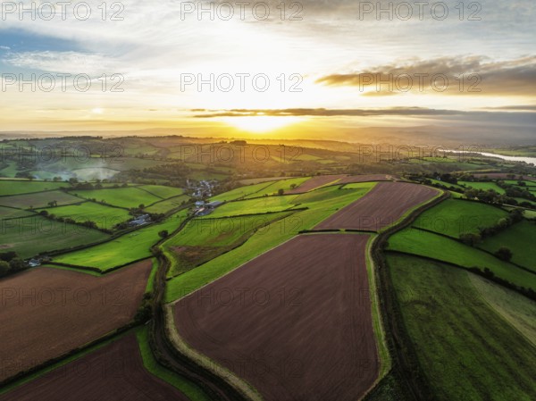 Colours of autumn Fields and Farms over Sheldon from a drone, Torbay, Devon, England, United