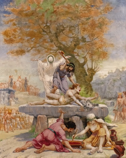Sacrifice on a dolmen, painting by Jean-Baptiste Cariven (1843 to 1904, French painter),