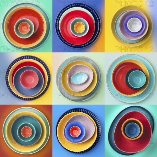 A vibrant collection of nine stacked plates arranged in a grid pattern. Each set features a unique