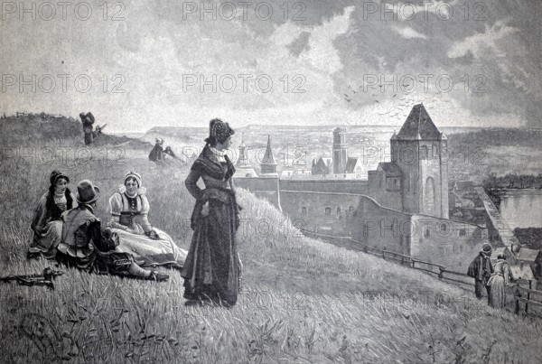 People in rural surroundings in front of a fortified castle or town, in front of the city gate