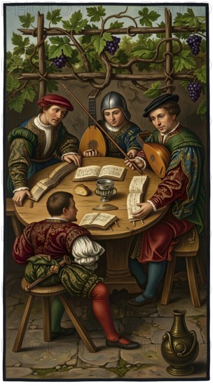 Singing scholars during student life around 1500, historical illustration, digitally edited,