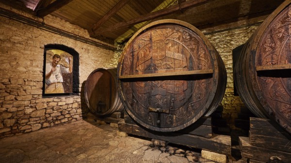 Wooden barrels in a historic wine cellar with painted wall decoration, Achaia Clauss winery,