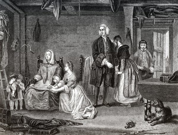 Szene aus The Vicar of Wakefield, einem Roman von Oliver Goldsmith (1728, 1774), einem irischen