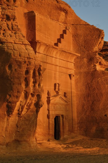 Nabataean tomb at Djabal Khraymat in first daylight, Hegra or Madain Salih, AlUla region, Medina