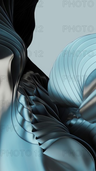 A dynamic abstract composition featuring flowing metallic blue and black curves in 3D. The