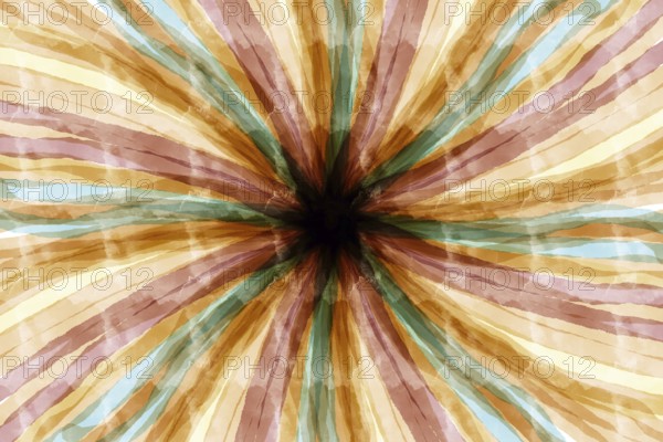 Radiant, abstract watercolor pattern with brown, blue, and beige streaks emanating from the center,