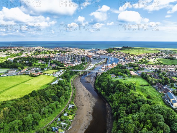 Larpool Viaduct over River Esk and Esk Valley Viaduct from a drone, Whitby, North Yorkshire,