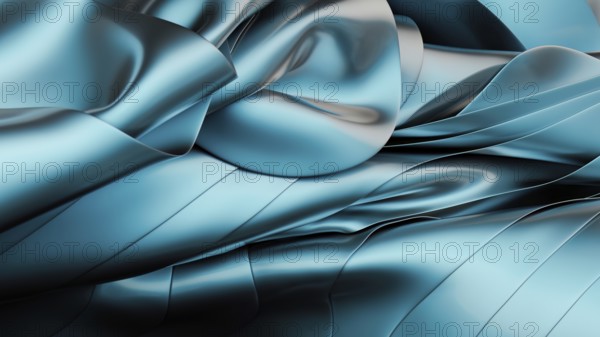 A digitally rendered image captures smooth, flowing waves of metallic blue fabric. The abstract