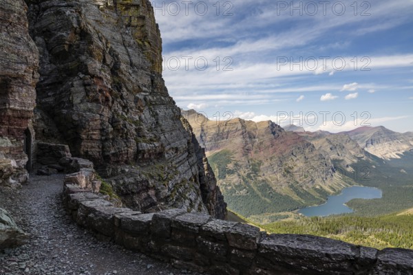Rugged mountain landscape of Glacier National Park in Montana, showcasing dramatic cliffs, lush