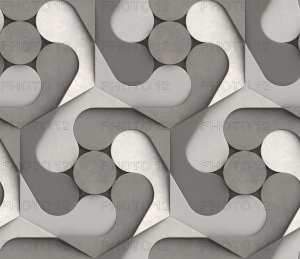 An intricate 3D geometric pattern featuring interlocking shapes in shades of gray, creating a