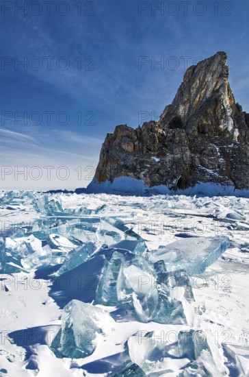Ice chaos, shaman rock, Lake Baikal, Olkhon Island, Pribaikalsky National Park, Irkutsk Province,