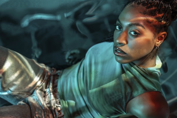 A futuristic portrayal of a young African woman immersed in the metaverse, highlighted by vibrant