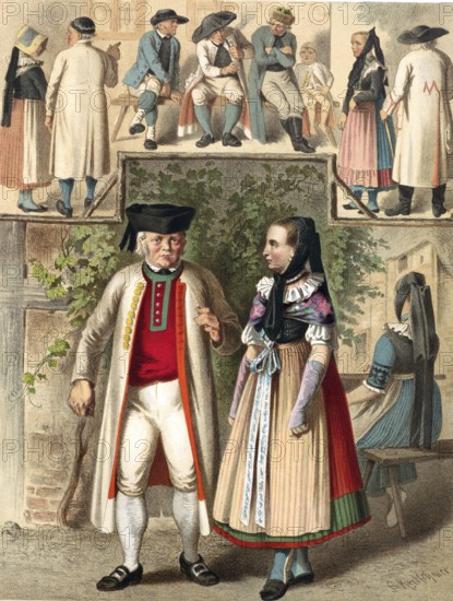 Traditional costumes in Germany around 1820, Brunswick, men and woman in traditional traditional