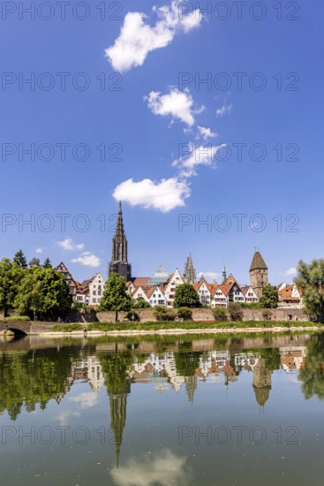 City view of Ulm with the Danube. Ulm Minster, Metzgerturm and old town. Ulm, Baden-Württemberg,