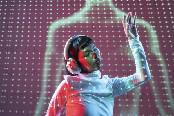 A futuristic Latin woman enjoys music through headphones. Immersed in the sound, her expression