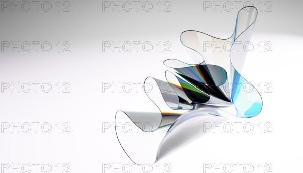 A captivating abstract sculpture of translucent curved glass with reflective surfaces on a soft