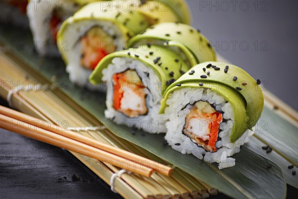 Delectable sushi rolls, elegantly wrapped in slices of avocado, served on a traditional bamboo mat.