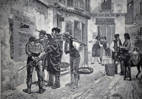 Announcement of a bull camp in Spain, 1896, illustration, reproduction from a 19th-century model.