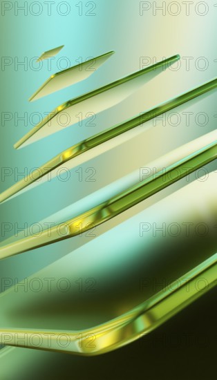 This 3D render features flowing abstract shapes in shades of green and gold, creating a dynamic and