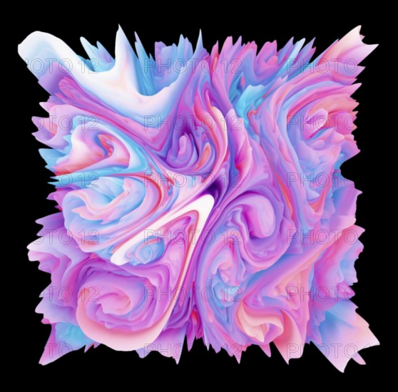 Dynamic pastel colors in swirling formations create a vibrant visual energy. The bursts of pink,