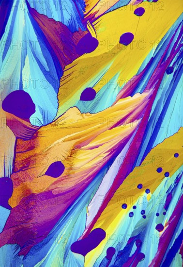 This image showcases a striking microscopic view of adipic acid crystals, featuring bold colors