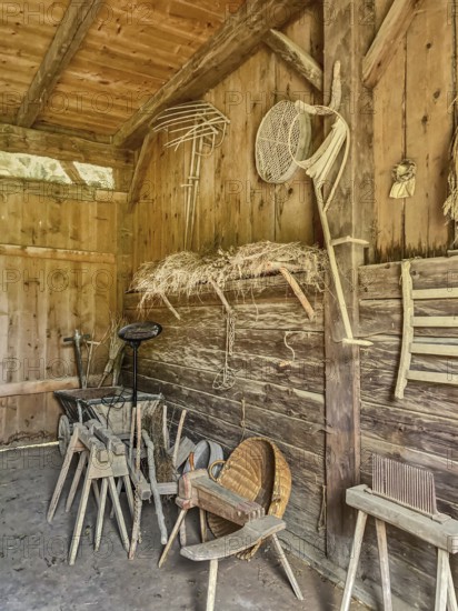 View into historic barn of in old smallholder weaver's house in old rebuilt restored smallholder's