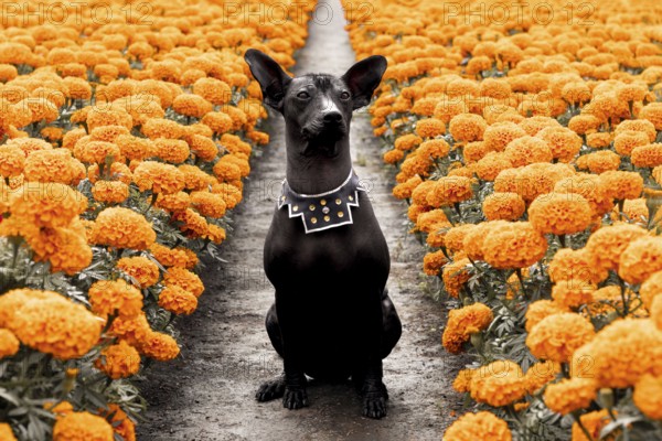 A majestic Xoloitzcuintle dog sits among vibrant Cempasuchil flowers, capturing the essence of Day