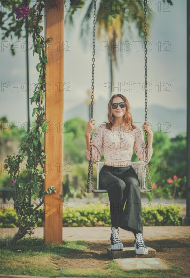 Portrait of a smiling girl sitting on a swing in a nature park. Happy young woman sitting on a