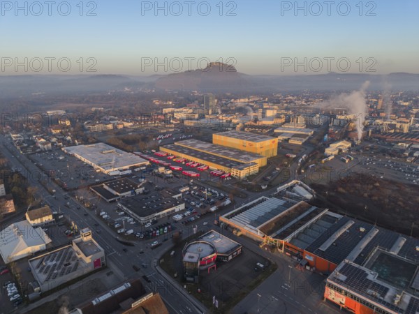 Aerial view of the industrial area of the city of Singen am Hohentwiel, after sunrise, the