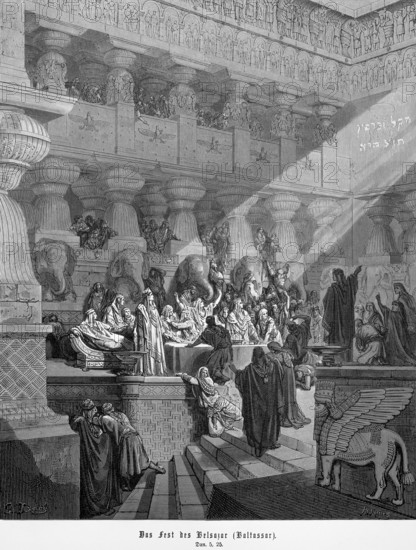Daniel, chapter 5, verse 25, The feast of Belsazur or Baltasar, Daniel announces the fall of King