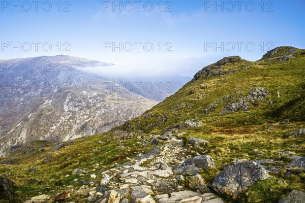 Pyg Track over Llyn Llydaw lake, Pen-y-Pass, mountain pass, Snowdonia, Gwynedd, north-west Wales,