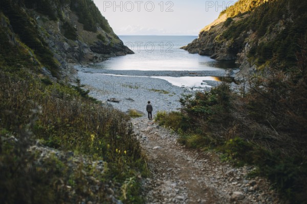 Back view of an unrecognizable man descending a rugged trail towards a serene cove in Shoe Cove