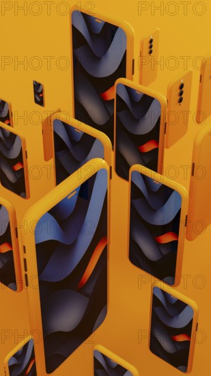 Many yellow frame smartphone exist with blue abstract art displayed on the screen. This creates a