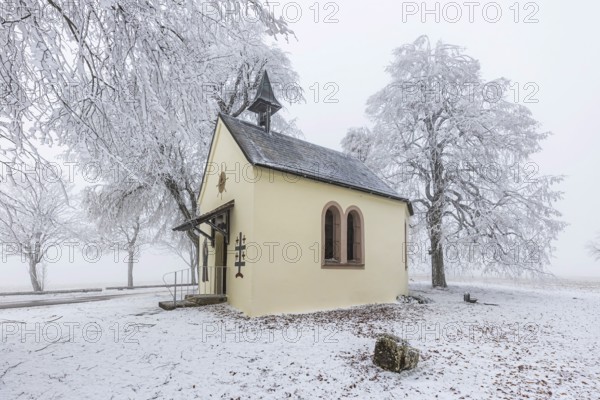 Schoenstatt Chapel Ennabeuren with hoarfrost in winter. Tourist attraction in the Swabian Jura.