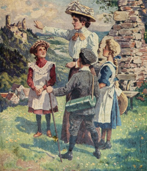 Outing of the governess with three children, nanny, explain, two young girls with apron, a boy with