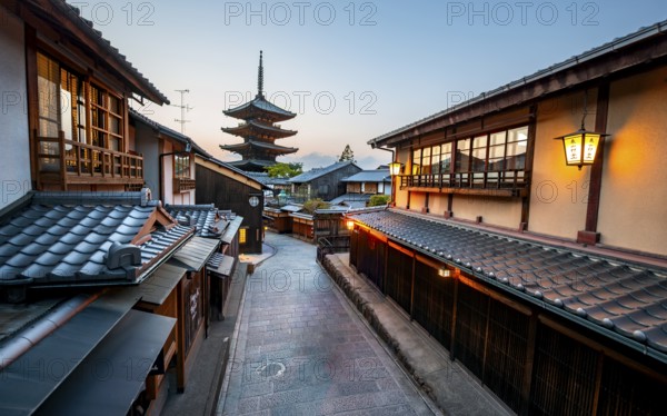 Yasaka dori historic street in the old town with traditional Japanese houses, five-story Yasaka
