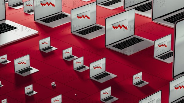 Multiple laptops show declining stock market trends with red arrows. The setting focuses on