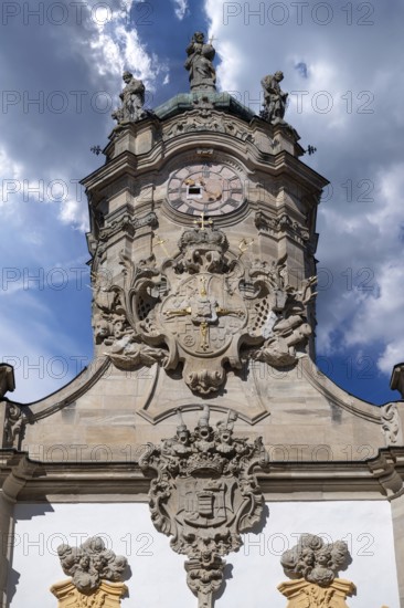 Clock tower of the castle church in the courtyard of the Ellingen Residence, Ellingen, Middle