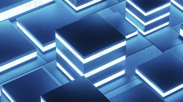Abstract background design featuring a network of glowing geometric shapes in blue tones, creating
