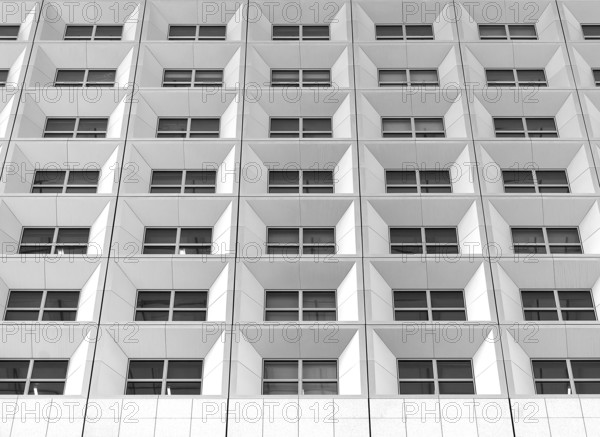 Detailed view of the façade of the Grand Arche, black and white, La Défence, office center, Paris,