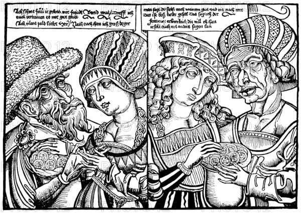 Historischer Holzschnitt aus dem Mittelalter, das ungleiche Liebespaar, der reiche, alte Mann und