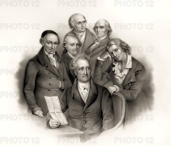 Portraits of six German poets: Johann Wolfgang von Goethe, Friedrich Schiller, Christoph Martin