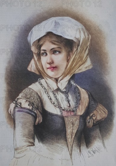 German burgher girl from the 16th century with headscarf and dress, elegant, Germany, around 1885,